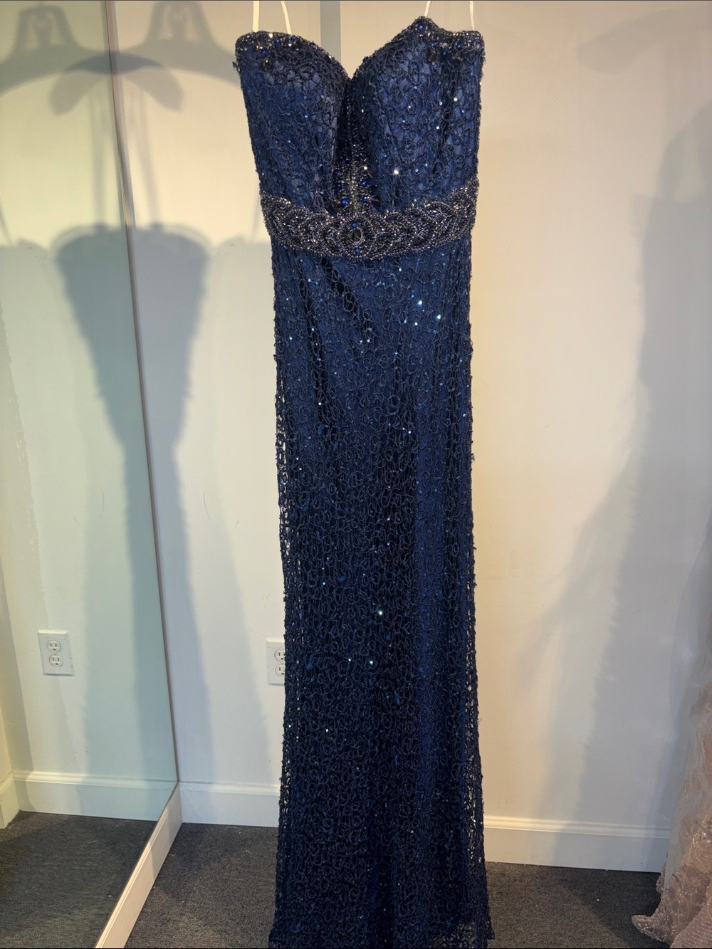 Jovani Navy Strapless Beaded Evening Gown